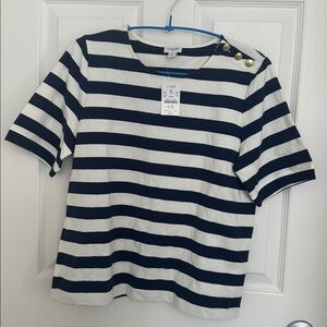 J. Crew Black and White Striped Tee with Button Accents